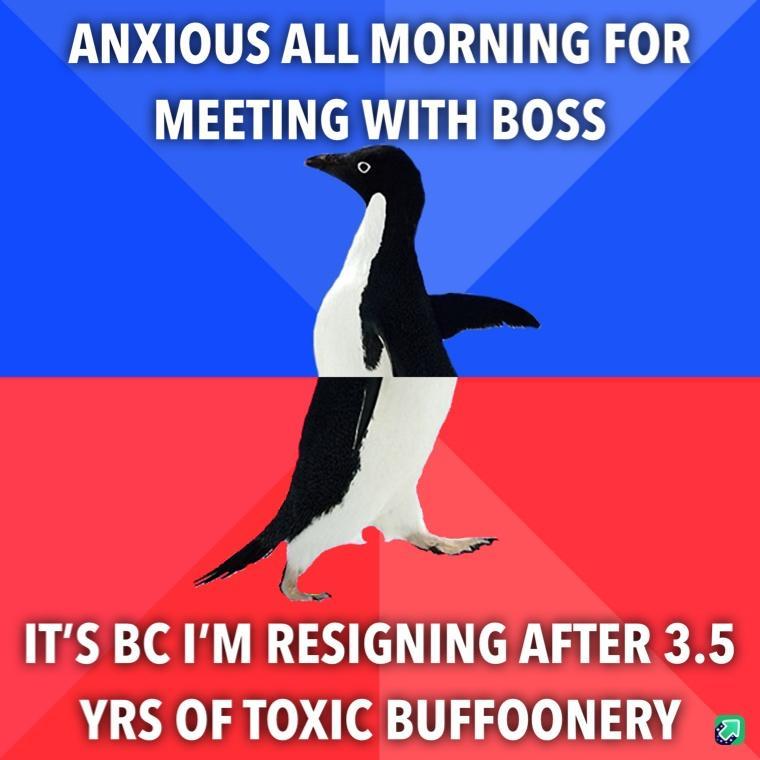 ANXIOUS ALL MORNING FOR MEETING WITH BOSS ITS BC IM RESIGNING AFTER 35 YRS OF TOXIC BUFFOONERY