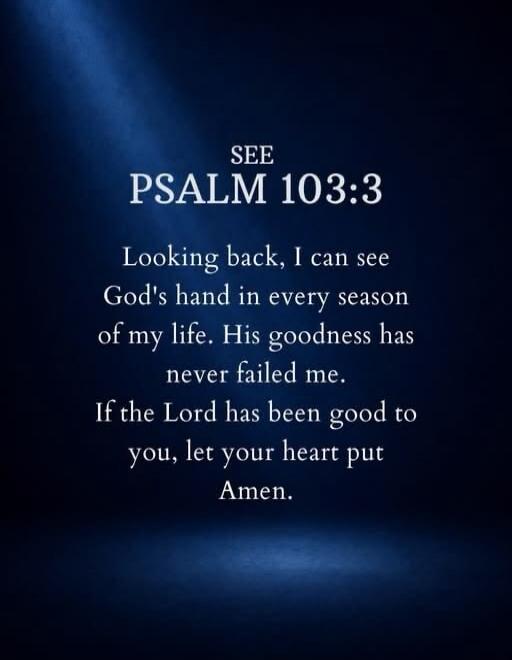 SEE PSALM 103:3 Looking back, I can see God's hand in every season of my life. His goodness has never failed me. If the Lord has been good to you, let your heart put Amen.