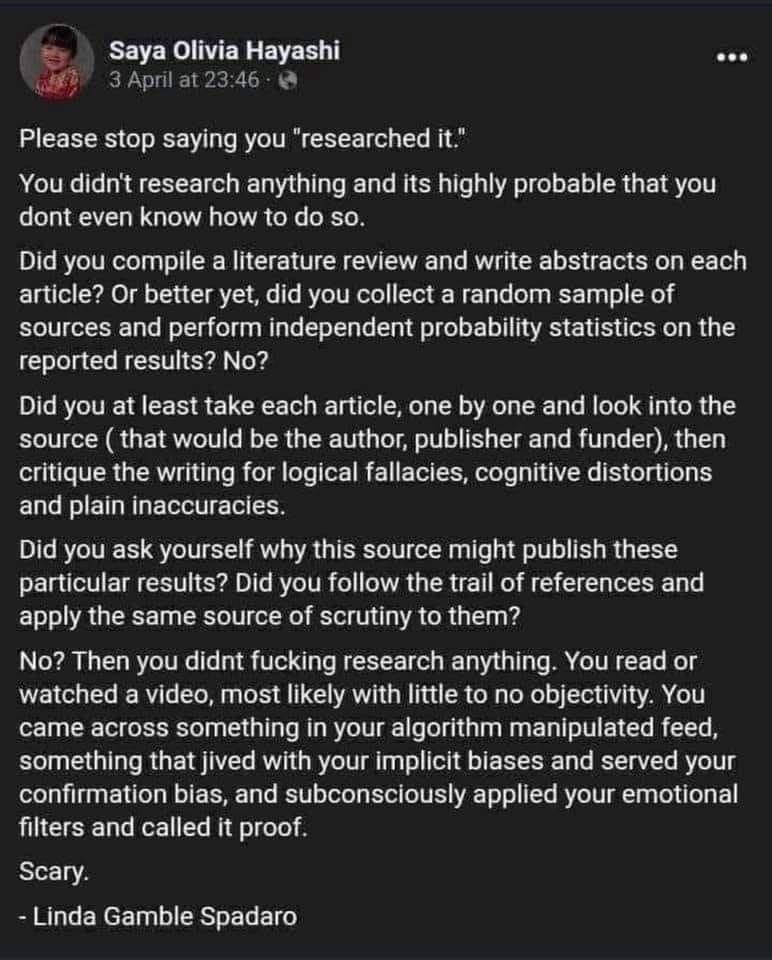 SEVERTER S EVER ese WP 3 April at2346 Please stop saying you researched it You didnt research anything and its highly probable that you dont even know how to do so Did you compile a literature review and write abstracts on each article Or better yet did you collect a random sample of sources and perform independent probability statistics on the lela Gl NI EYA N oXd Did you at least take each artic