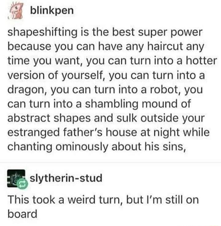 f blinkpen shapeshifting is the best super power because you can have any haircut any time you want you can turn into a hotter version of yourself you can turn into a dragon you can turn into a robot you can turn into a shambling mound of abstract shapes and sulk outside your estranged fathers house at night while chanting ominously about his sins slytherin stud This took a weird turn but Im still