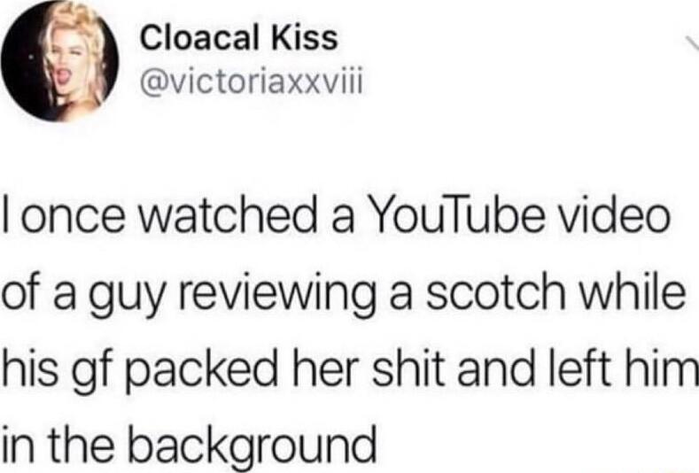 Cloacal Kiss victoriaxxviii once watched a YouTube video of a guy reviewing a scotch while his gf packed her shit and left him in the background