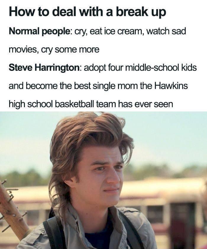 How to deal with a break up Normal people cry eat ice cream watch sad movies cry some more Steve Harrington adopt four middle school kids and become the best single mom the Hawkins high school basketball team has ever seen