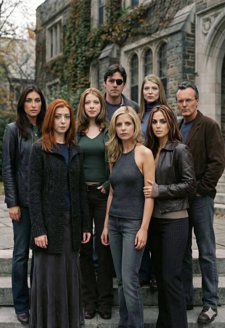 Group of people posing on stone steps in front of a historic-looking building. Everyone is dressed in casual to smart-casual attire and looking at the camera.
