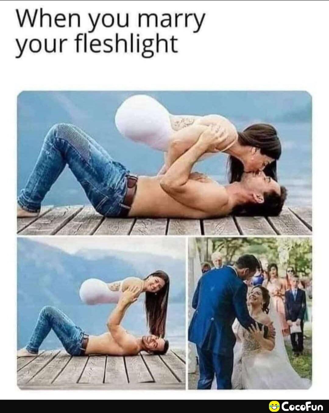 When you marry your fleshlight. A meme showing a man lying on a pier, holding a woman in a suggestive pose where her lower body is obscured or altered to resemble a sex toy. This image is juxtaposed with a traditional wedding photo.