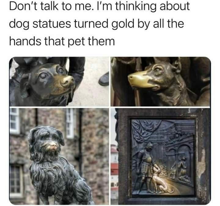 Dont talk to me Im thinking about dog statues turned gold by all the hands that pet them