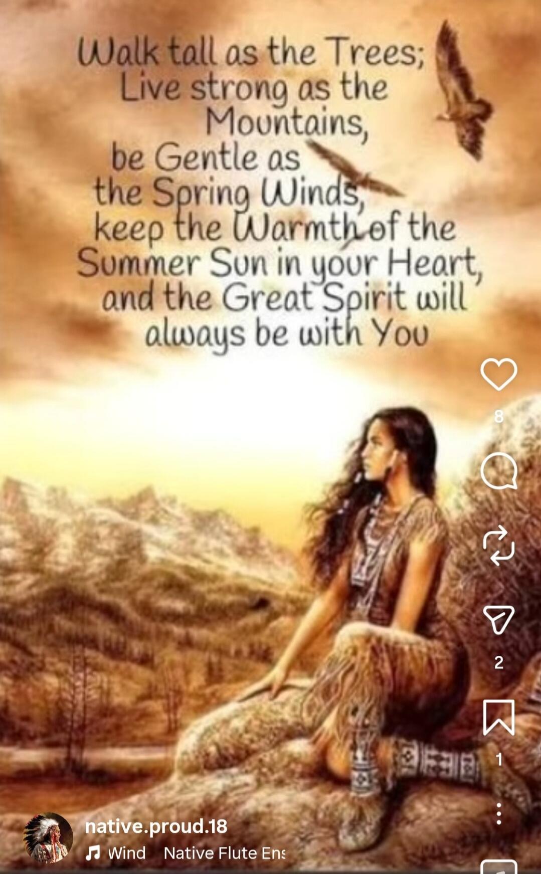 Walk tall as the Trees; Live strong as the Mountains, be Gentle as the Spring Winds, keep the Warmth of the Summer Sun in your Heart, and the Great Spirit will always be with You