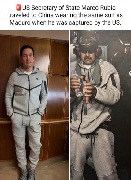 US Secretary of State Marco Rubio traveled to China wearing the same suit as Maduro when he was captured by the US. The image shows Marco Rubio on the left in a grey Nike tracksuit, and Nicolás Maduro on the right in a similar tracksuit, blindfolded and detained.