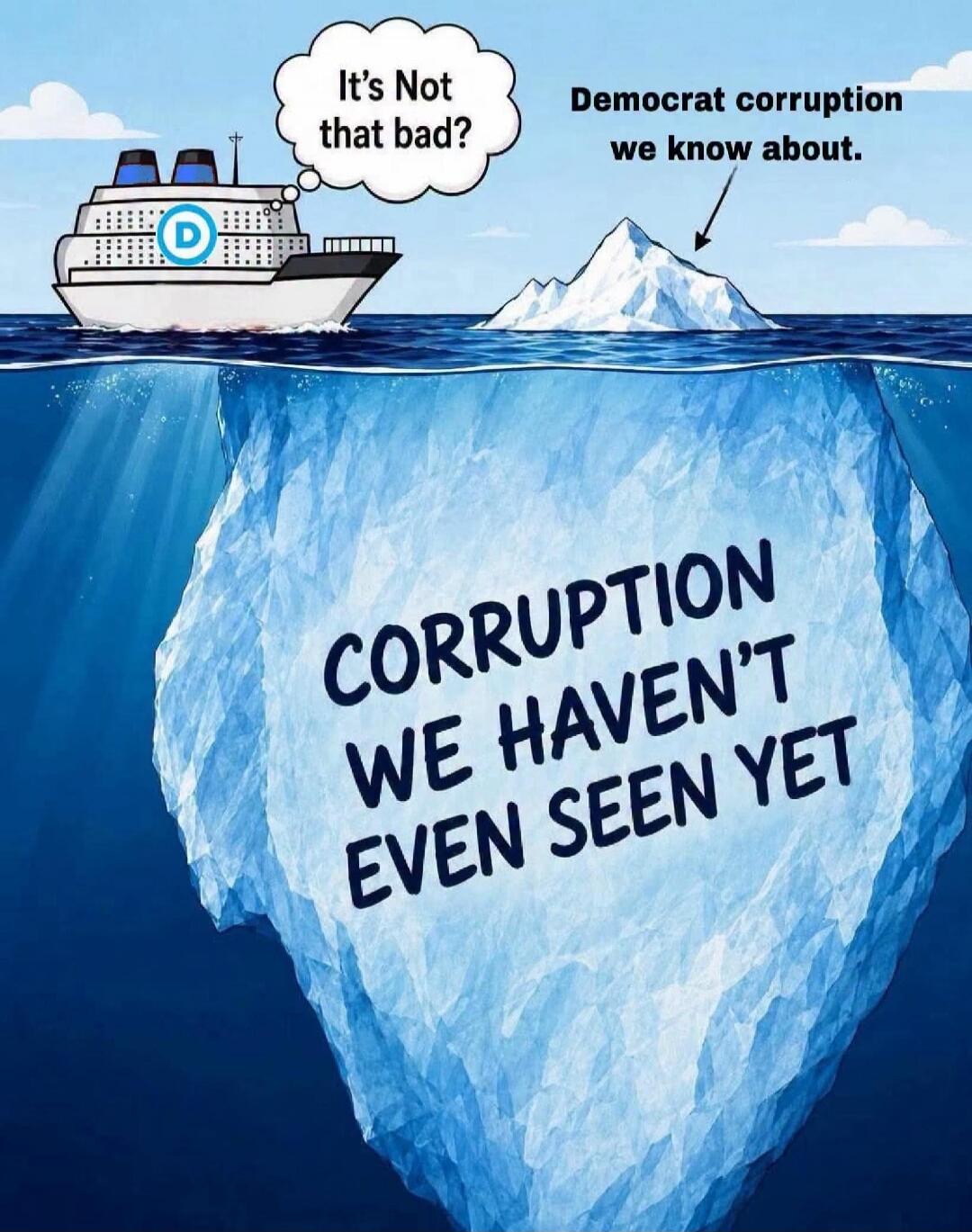 A ship with a 'D' logo thinks 'It's Not that bad?'. An iceberg tip is labeled 'Democrat corruption we know about.', while the much larger underwater part of the iceberg is labeled 'CORRUPTION WE HAVEN'T EVEN SEEN YET'.
