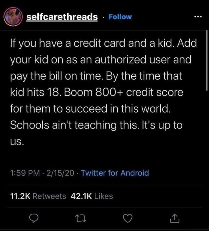 selfcarethreads Follow If you have a credit card and a kid Add your kid on as an authorized user and pay the bill on time By the time that kid hits 18 Boom 800 credit score for them to succeed in this world Schools aint teaching this Its up to us 159 PM 21520 Twitter for Android 112K Retweets 421K Likes 9 V