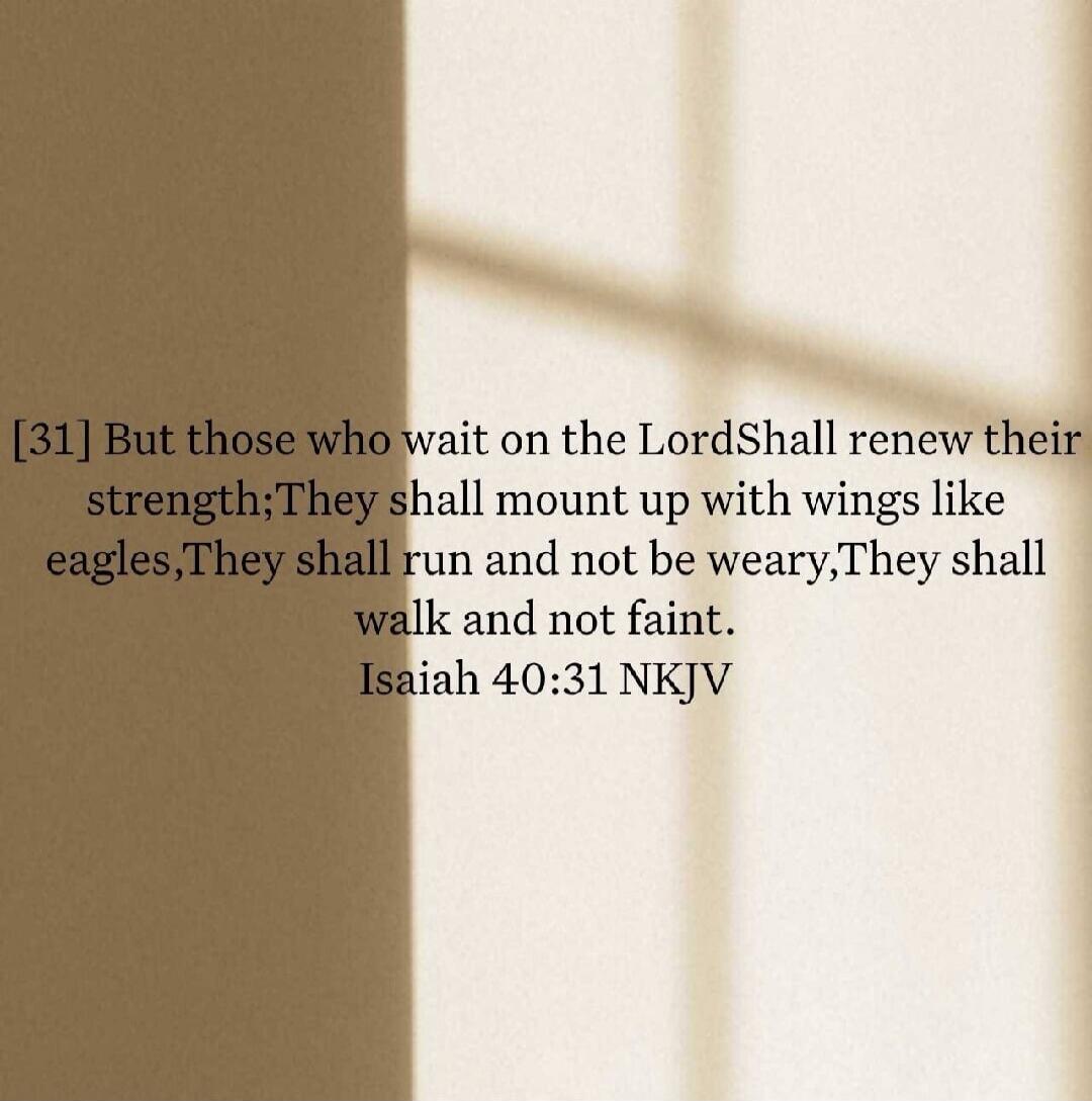 But those who wait on the Lord Shall renew their strength; They shall mount up with wings like eagles, They shall run and not be weary, They shall walk and not faint. Isaiah 40:31 NKJV