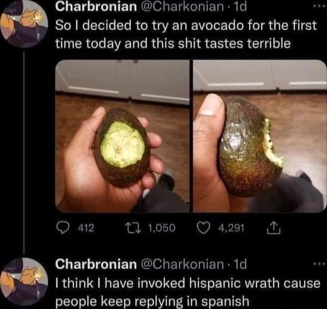 Charbronian Charkonian 1d So decided to try an avocado for the first time today and this shit tastes terrible 4 4 Q a2 s Q 420 T o BT TET REI B RIER R I think have invoked hispanic wrath cause people keep replying in spanish