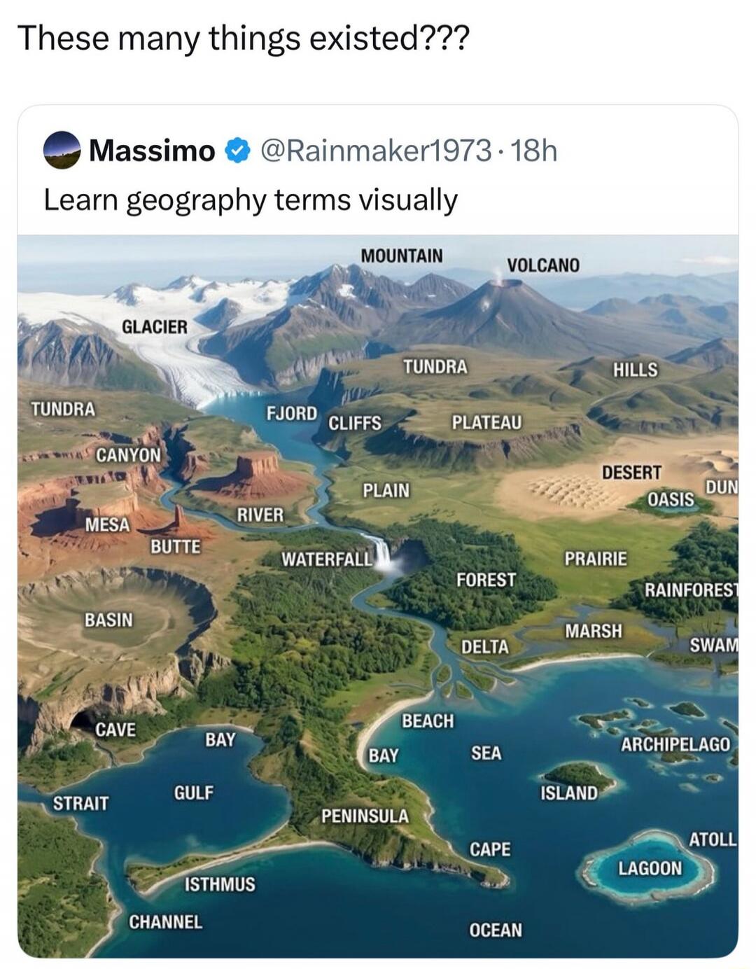 These many things existed??? Learn geography terms visually. Mountain, Volcano, Glacier, Tundra, Hills, Fjord, Cliffs, Plateau, Desert, Dune, Oasis, Canyon, Plain, Mesa, Butte, River, Waterfall, Forest, Prairie, Rainforest, Basin, Cave, Bay, Delta, Marsh, Swamp, Beach, Sea, Archipelago, Strait, Gulf, Peninsula, Cape, Island, Atoll, Lagoon, Isthmus,