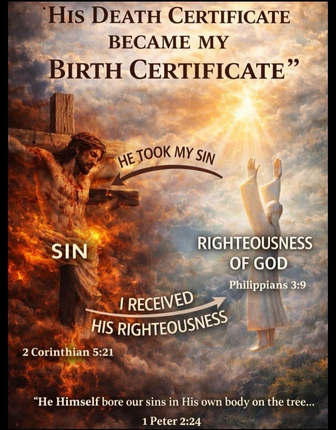 His Death Certificate Became My Birth Certificate. He took my sin. Sin. Righteousness of God. Philippians 3:9. I received His righteousness. 2 Corinthians 5:21. He Himself bore our sins in His own body on the tree... 1 Peter 2:24.