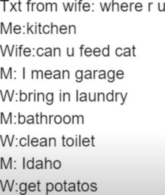 IXt rrom wite where r u Mekitchen Wifecan u feed cat M mean garage Wbring in laundry Mbathroom Wclean toilet M Idaho Wget potatos