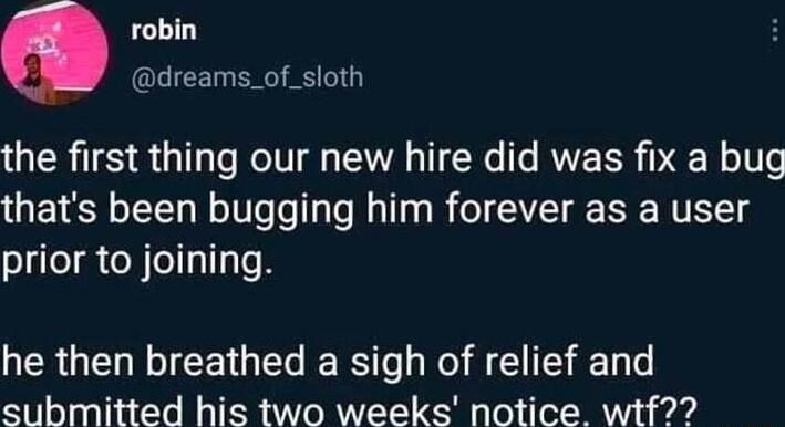robin dreams_of_sloth the first thing our new hire did was fix a bug thats been bugging him forever as a user prior to joining he then breathed a sigh of relief and submitted his two weeks notice wtf