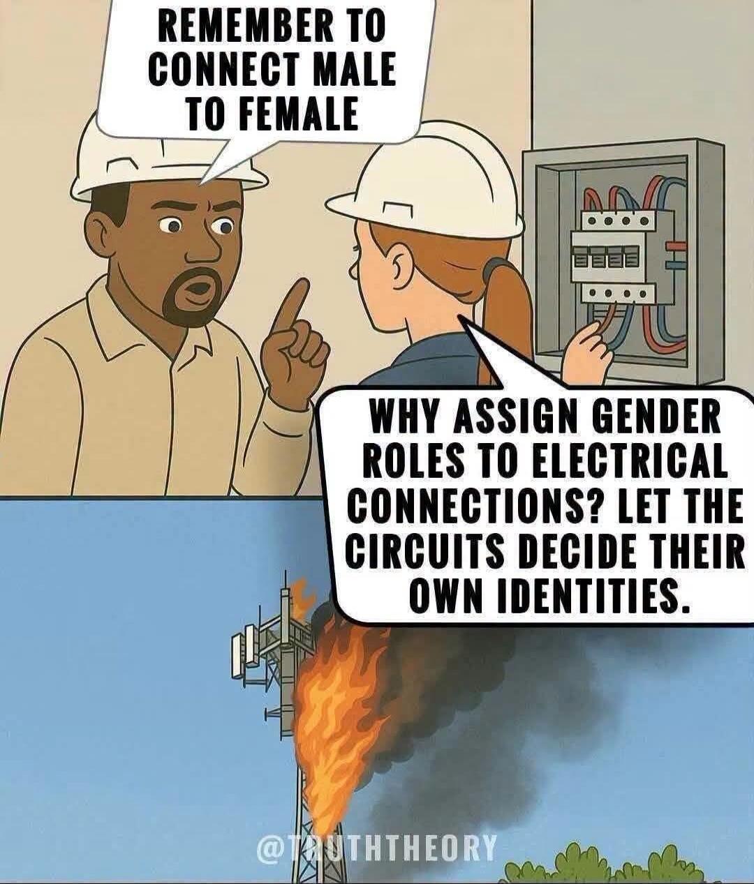REMEMBER TO CONNECT MALE TO FEMALE. WHY ASSIGN GENDER ROLES TO ELECTRICAL CONNECTIONS? LET THE CIRCUITS DECIDE THEIR OWN IDENTITIES.