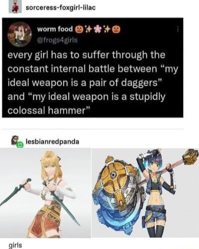 sorceress foxgirl lilac worm food every girl has to suffer through the constant internal battle between my GEETNTEEL LR RER RE g f EET and my ideal weapon is a stupidly colossal hammer fh lesbianredpanda