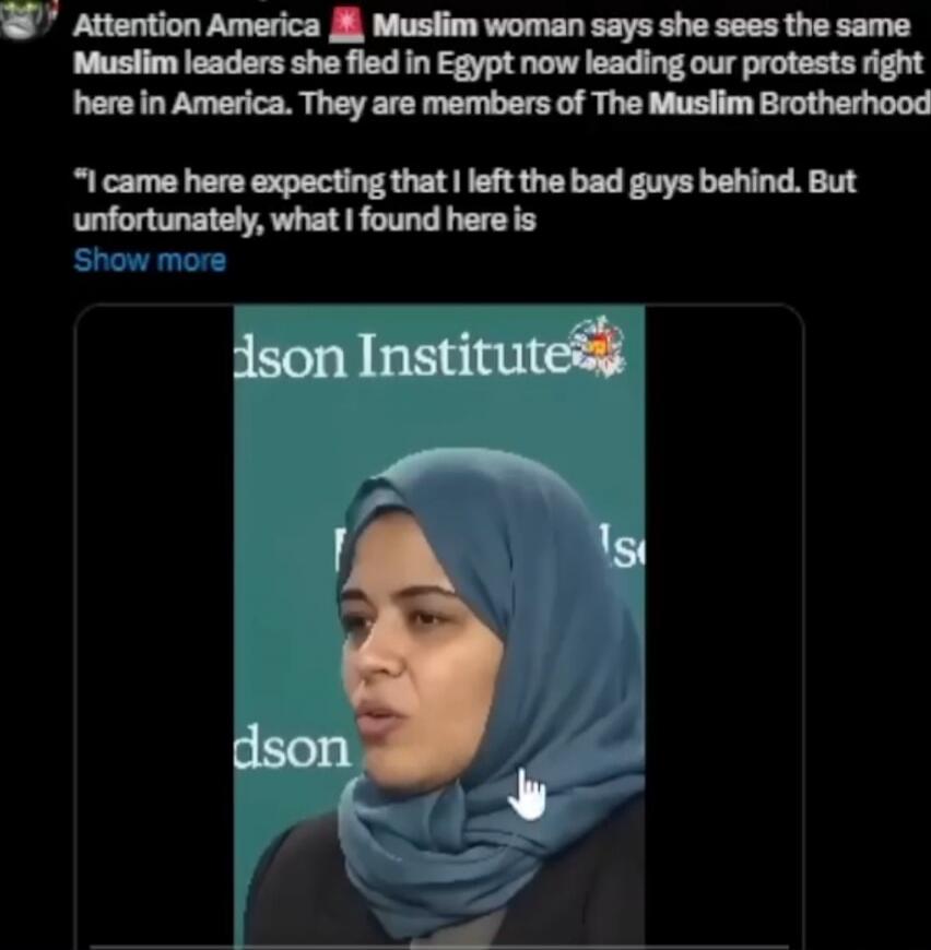 Attention America Muslim woman says she sees the same Muslim leaders she fled in Egypt now leading our protests right here in America. They are members of The Muslim Brotherhood

