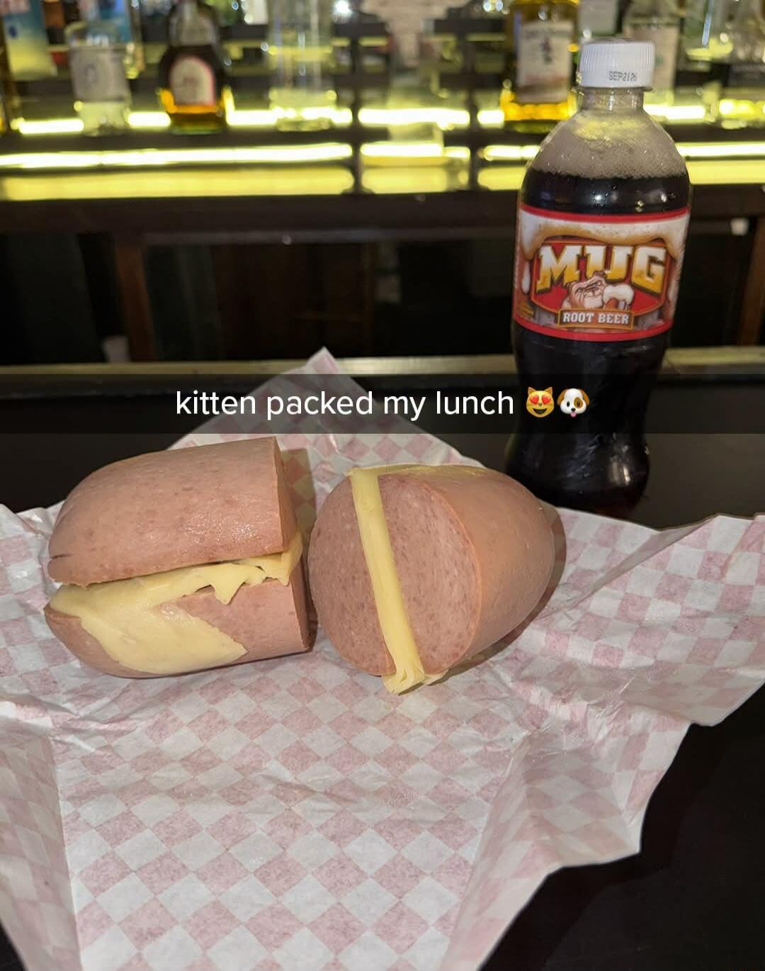 kitten packed my lunch. Mug Root Beer.