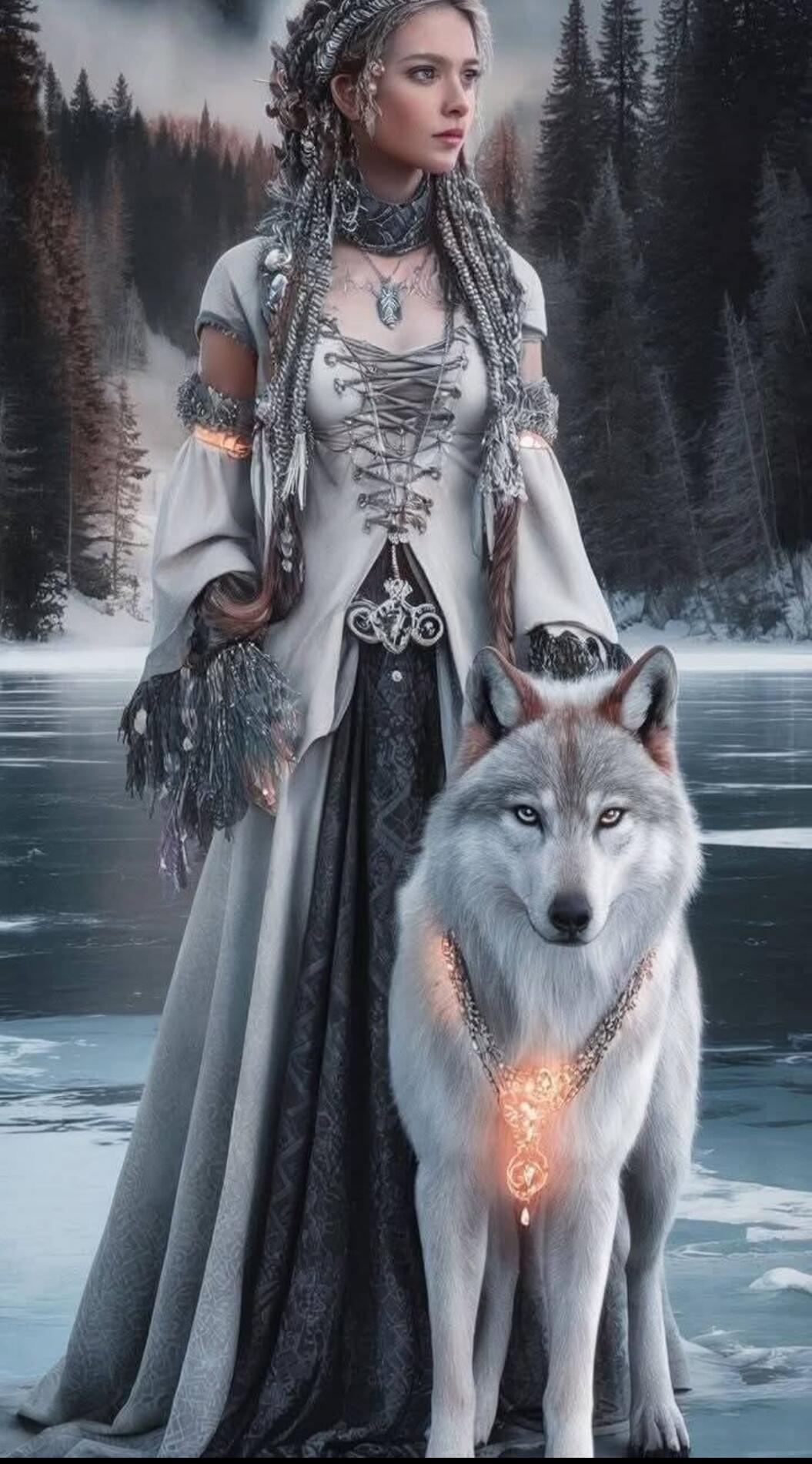A woman in a fantasy-style white and grey dress with intricate braids stands next to a white wolf with a glowing amulet on a frozen lake in a snowy forest. The woman has a serious expression and looks to the right, while the wolf looks directly at the viewer.