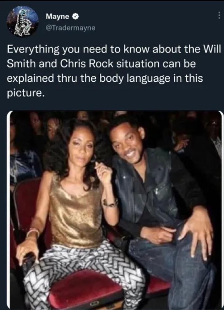 i LELEE Tradermayne SVETSVa o F Ve TV TTTe I ol Tl o Te Vi d LA Smith and Chris Rock situation can be explained thru the body language in this o e3 V N