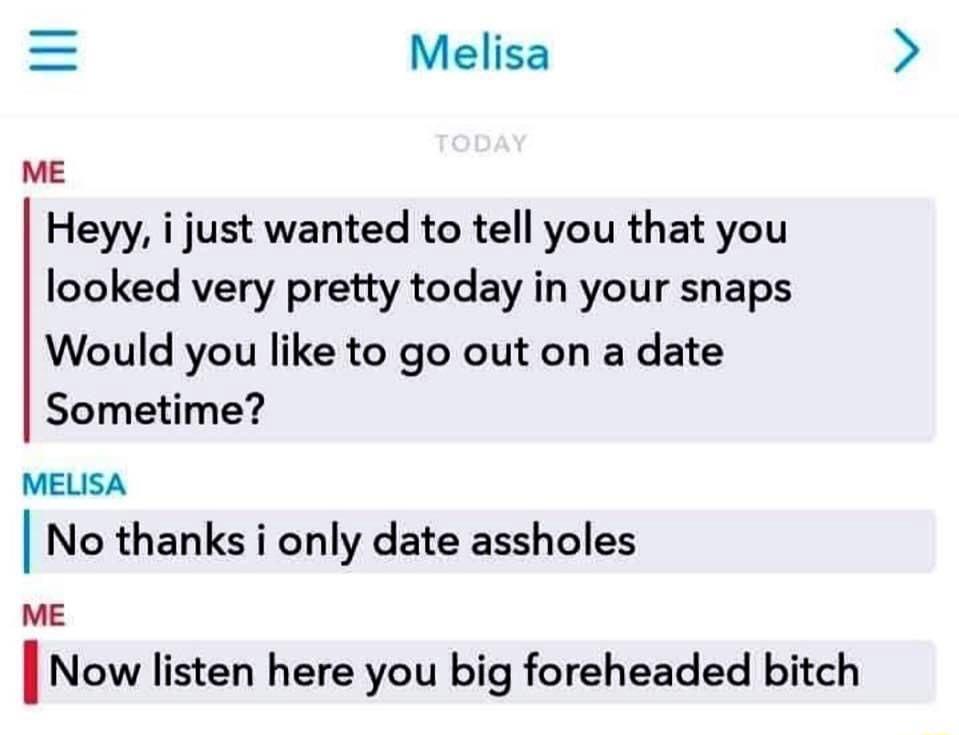 5 Melisa ME Heyy i just wanted to tell you that you looked very pretty today in your snaps Would you like to go out on a date Sometime MELISA No thanks i only date assholes ME I Now listen here you big foreheaded bitch