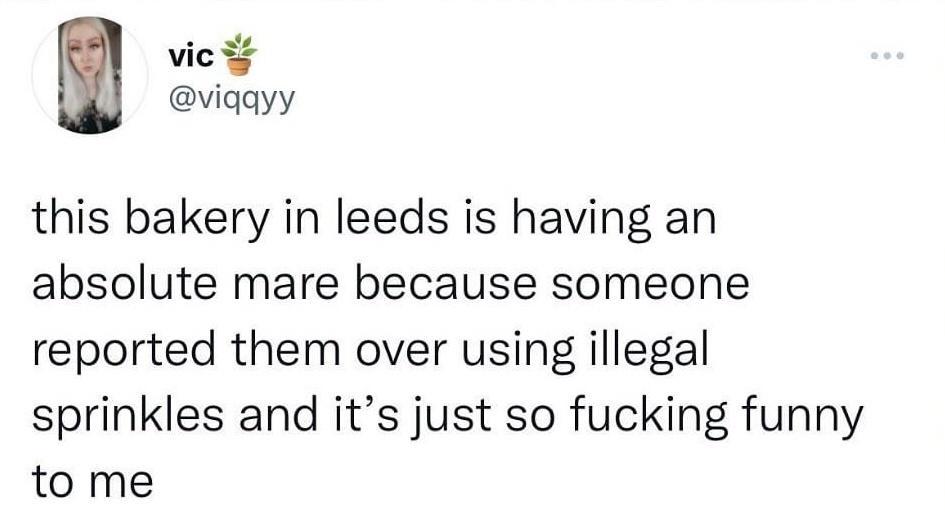 vici viqqyy this bakery in leeds is having an absolute mare because someone reported them over using illegal sprinkles and its just so fucking funny to me