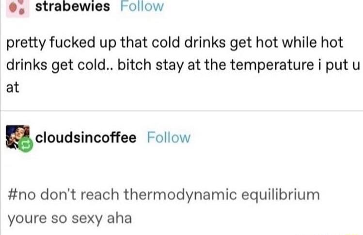 strabewies oliow pretty fucked up that cold drinks get hot while hot drinks get cold bitch stay at the temperature i put u at cloudslncose Follow no dont reach thermodynamic equilibrium youre so sexy aha