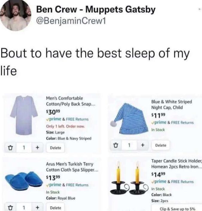 Ben Crew Muppets Gatshy BenjaminCrew1 Bout to have the best sleep of my life gl g 1 o Mens Comforable CottonPoly Back Snp 130 prime Rt pers Py siowLage Color e B ey St oot A Meris Turkish Tery Cotton Cloth Spa Sipper s139 prime P mems stk Color oy e oy A ol 1 it b Bloe White Striped Night Cap Child s prime t e Taper Candle Stck Holde Homean 2pcs etro on 149 prime e et s Colors St 2900 i it