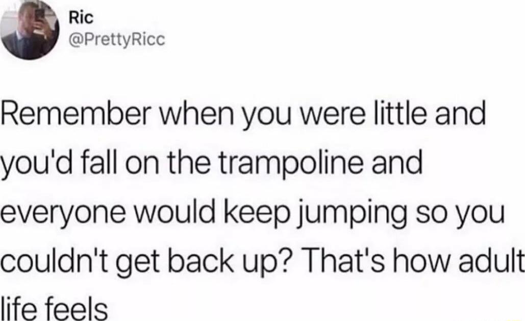 Ric PrettyRicc Remember when you were little and youd fall on the trampoline and everyone would keep jumping so you couldnt get back up Thats how adult life feels