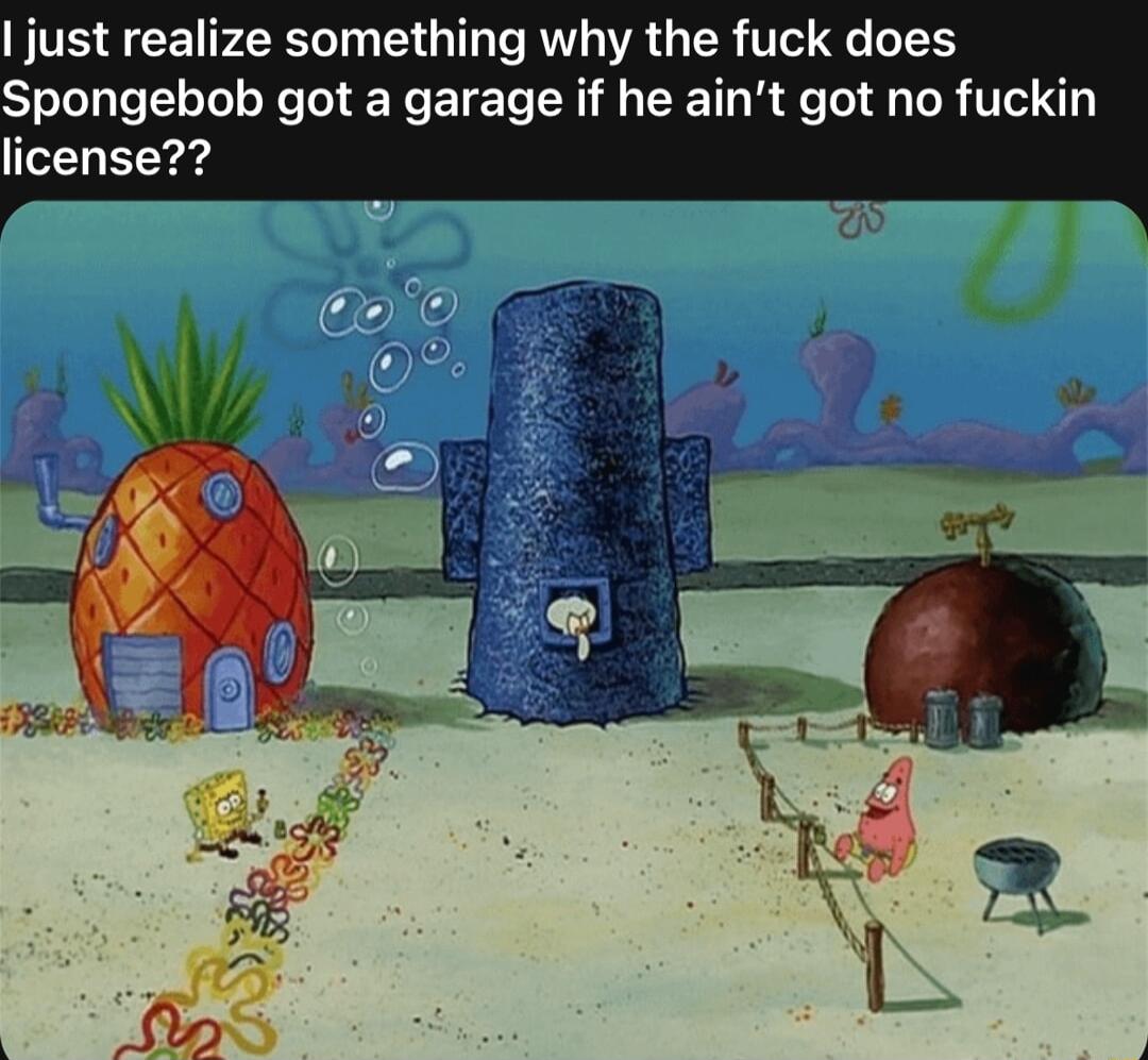 just realize something why the fuck does Spongebob got a garage if he aint got no fuckin license