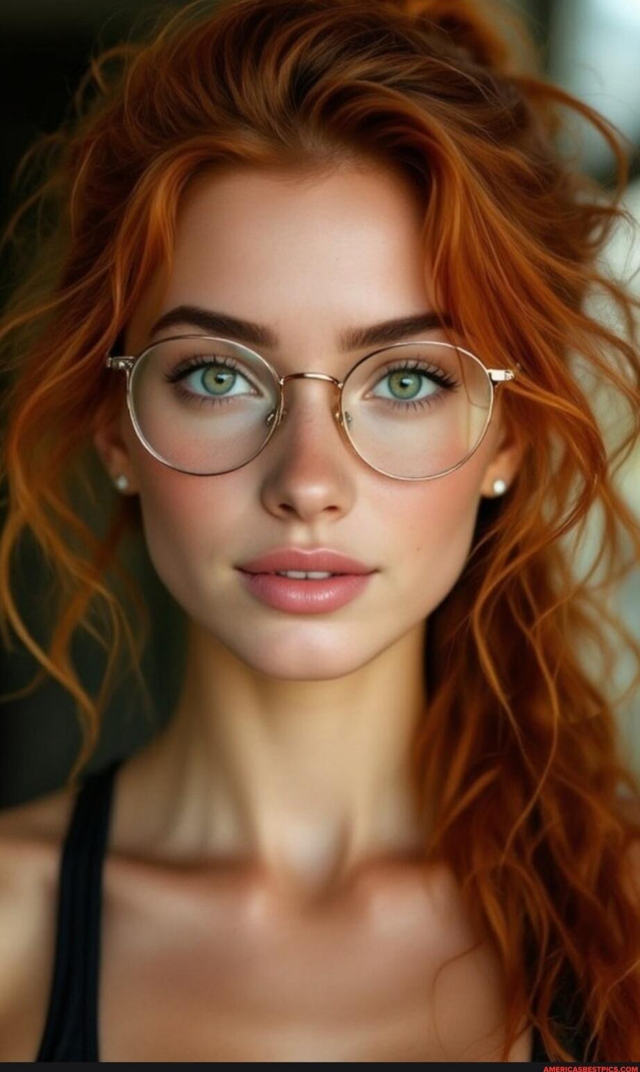 Portrait of a woman with red hair and round glasses, wearing a black top.