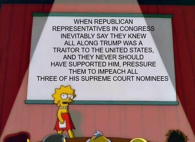 WHEN REPUBLICAN REPRESENTATIVES IN CONGRESS INEVITABLY SAY THEY KNEW ALL ALONG TRUMP WAS A TRAITOR TO THE UNITED STATES AND THEY NEVER SHOULD HAVE SUPPORTED HIM PRESSURE THEM TO IMPEACH ALL THREE OF HIS SUPREME COURT NOMINEES 1 G