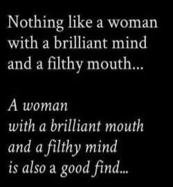 Nothing like a woman with a brilliant mind and a filthy mouth... A woman with a brilliant mouth and a filthy mind is also a good find...