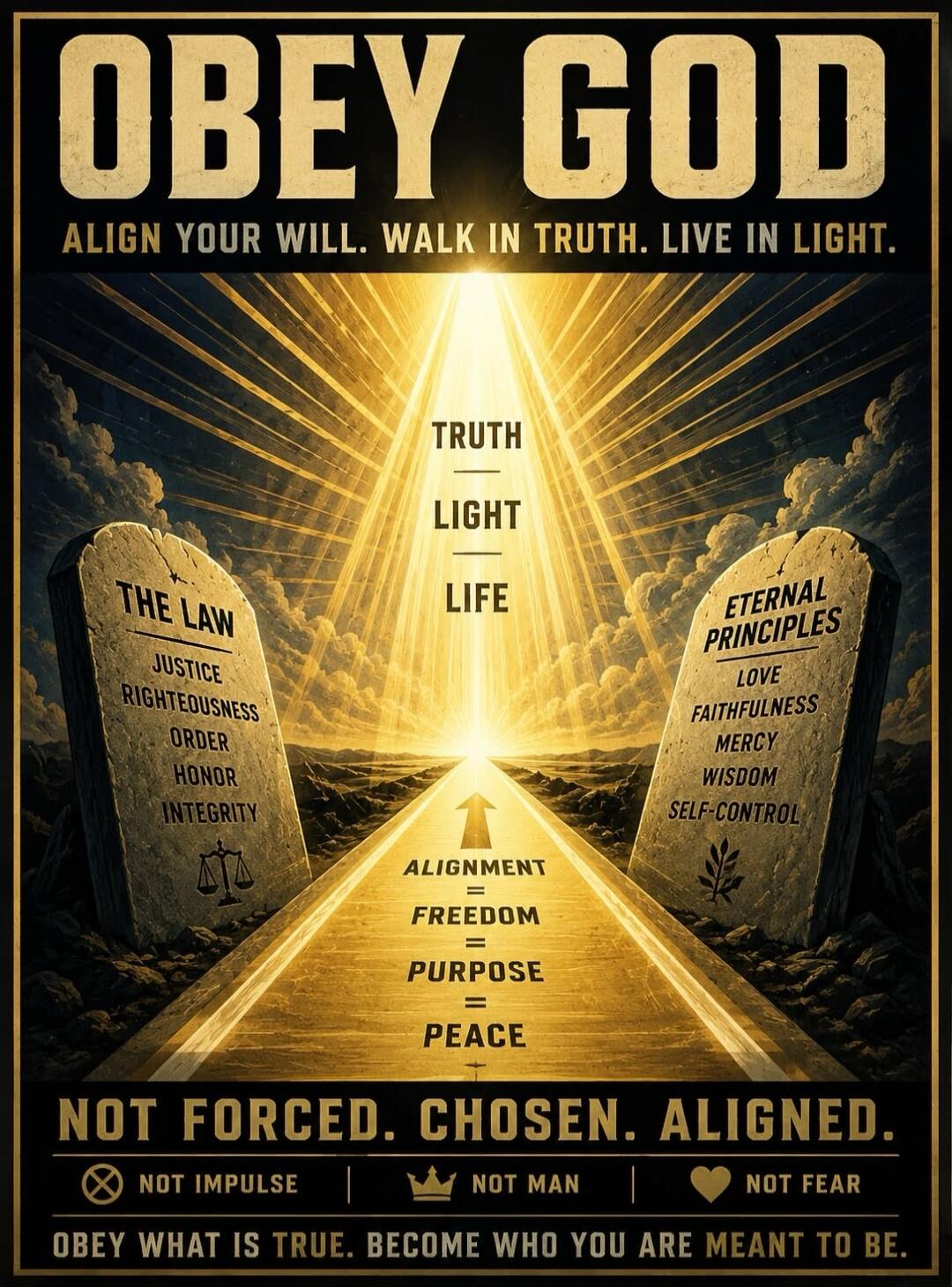 OBEY GOD. ALIGN YOUR WILL. WALK IN TRUTH. LIVE IN LIGHT. TRUTH. LIGHT. LIFE. THE LAW: JUSTICE, RIGHTEOUSNESS, ORDER, HONOR, INTEGRITY. ETERNAL PRINCIPLES: LOVE, FAITHFULNESS, MERCY, WISDOM, SELF-CONTROL. ALIGNMENT = FREEDOM = PURPOSE = PEACE. NOT FORCED. CHOSEN. ALIGNED. NOT IMPULSE. NOT MAN. NOT FEAR. OBEY WHAT IS TRUE. BECOME WHO YOU ARE MEANT TO