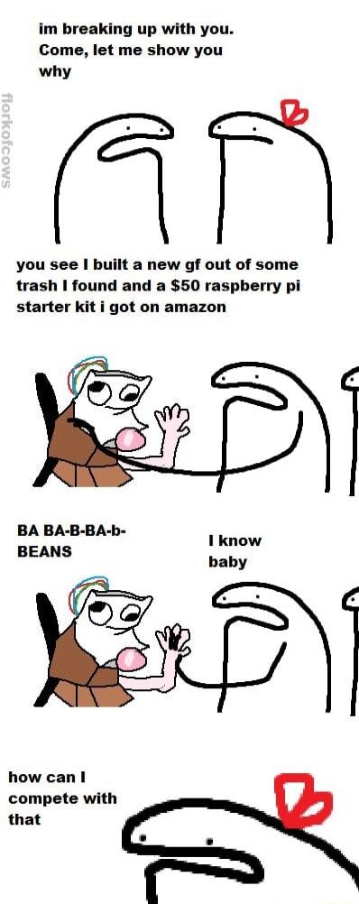 im breaking up with you Come let me show you why you see built a new gf out of some trash found and a 50 raspberry pi starter kit i got on amazon BA BA B BA b BEANS how canl compete with that