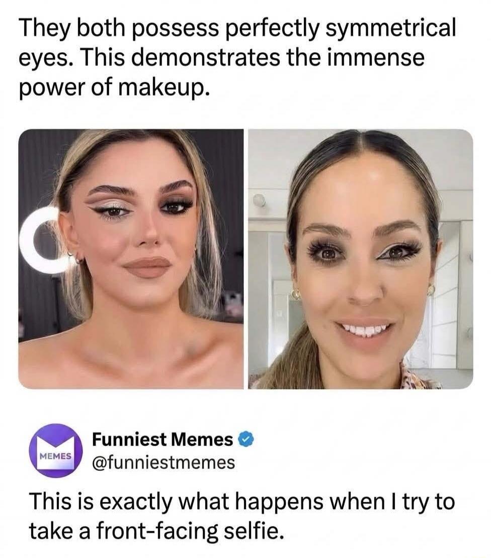 They both possess perfectly symmetrical eyes. This demonstrates the immense power of makeup. Funniest Memes @funniestmemes This is exactly what happens when I try to take a front-facing selfie.