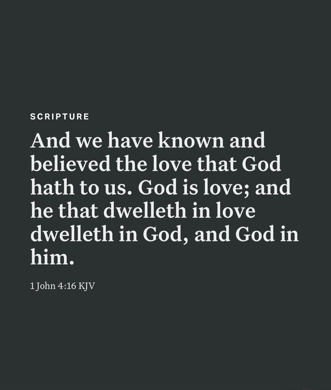 SCRIPTURE And we have known and believed the love that God hath to us. God is love; and he that dwelleth in love dwelleth in God, and God in him. 1 John 4:16 KJV