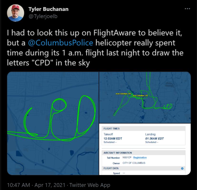 Q G T ELED l ETe Riolele Q1IN up on FlightAware to believe it but a ColumbusPolice helicopter really spent time during its 1 am flight last night to draw the letters CPD in the sky 1203AM EDT 0136AM EDT