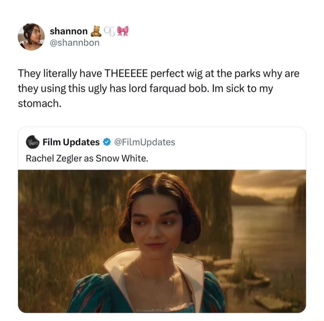 shannon shannbor They literally have THEEEEE perfect wig at the parks why are they using this ugly has lord farquad bob Im sick to my stomach Film Updates FilmUpdates Rachel Zegler as Snow White