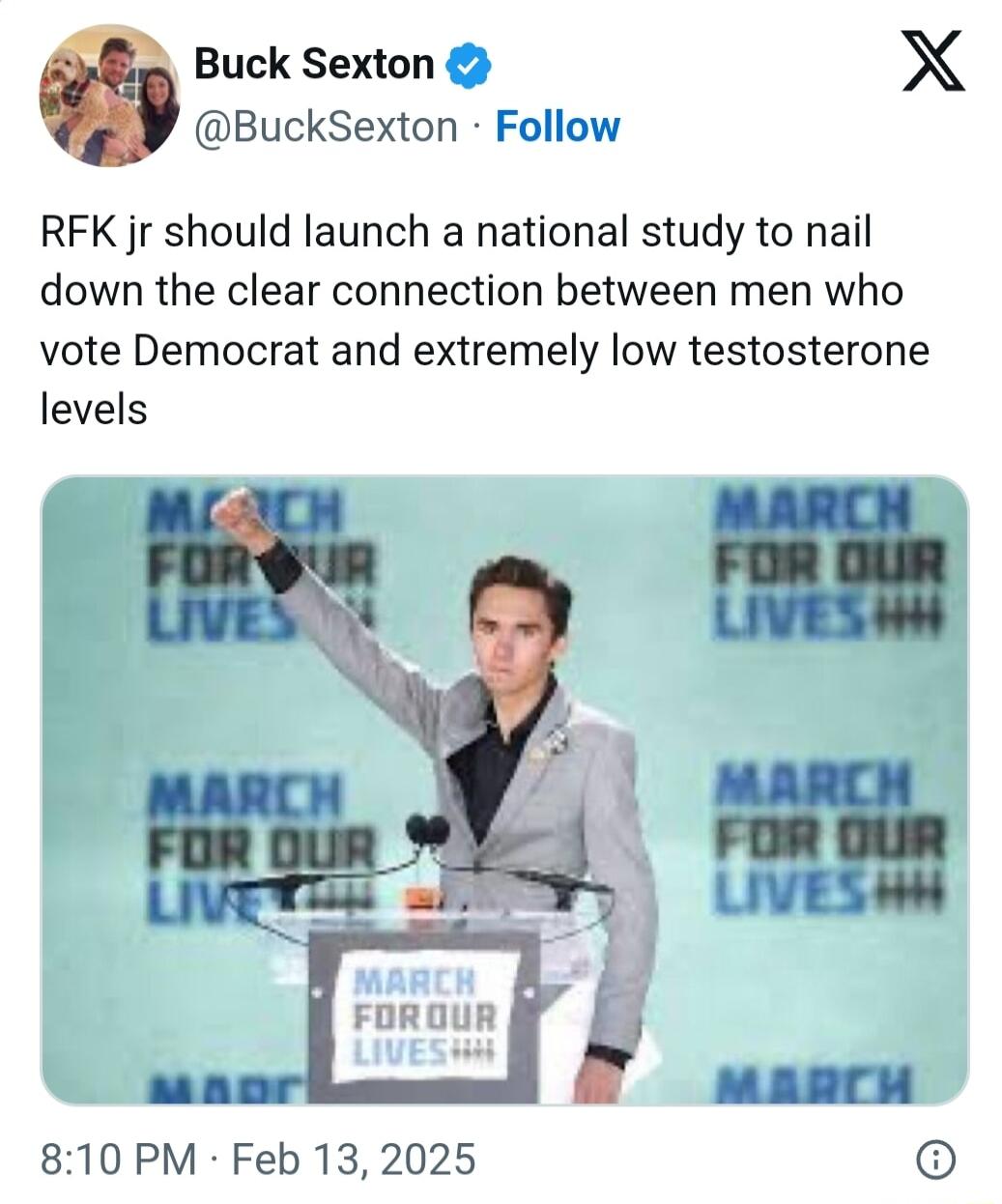 Buck Sexton X BuckSexton Follow RFK jr should launch a national study to nail down the clear connection between men who vote Democrat and extremely low testosterone levels 810 PM Feb 132025 6