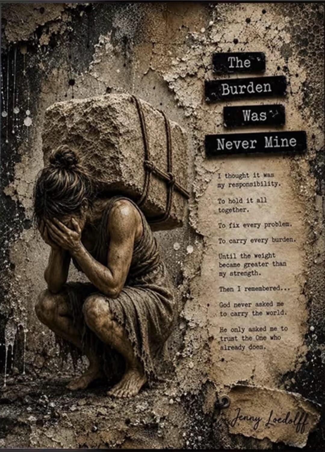 The Burden Was Never Mine. I thought it was my responsibility. To hold it all together. To fix every problem. To carry every burden. Until the weight became greater than my strength. Then I remembered... God never asked me to carry the world. He only asked me to trust the One who already does.