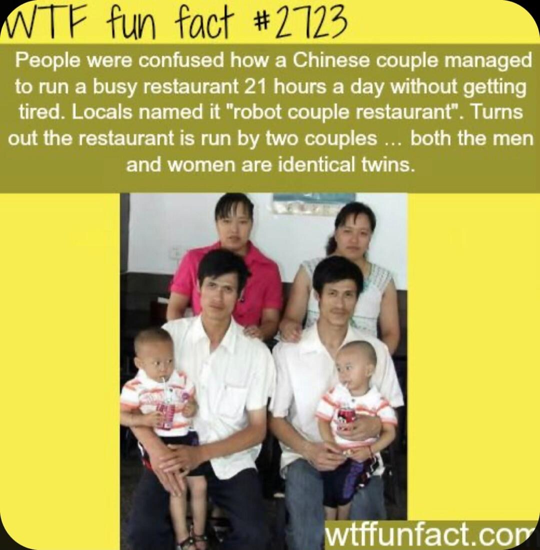 People were confused how a Chinese couple managed to run a busy restaurant 21 hours a day without getting tired Locals named it robot couple restaurant Tums out the restaurant is run by two couples both the men and women are identical twins wiffunfactcor