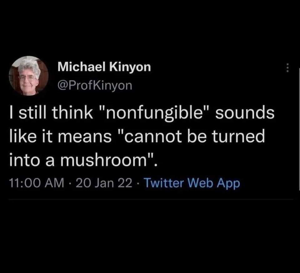 Michael Kinyon ProfKinyon still think nonfungible sounds like it means cannot be turned into a mushroom 1100 AM 20 Jan 22 Twitter Web App