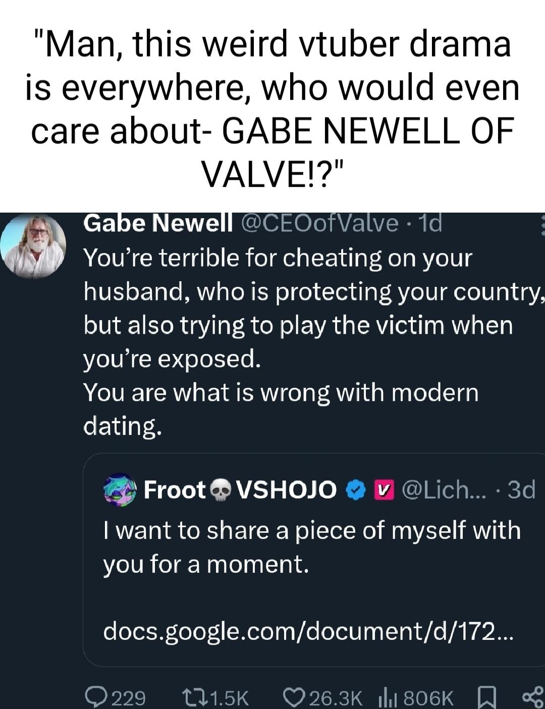 Man this weird vtuber drama is everywhere who would even care about GABE NEWELL OF VALVE 7 CELELETE Youre terrible for cheating on your husband who is protecting your country but also trying to play the victim when youre exposed You are what is wrong with modern dating p FrootVSHOJO Lich 3d want to share a piece of myself with you for a moment docsgooglecomdocumentd172