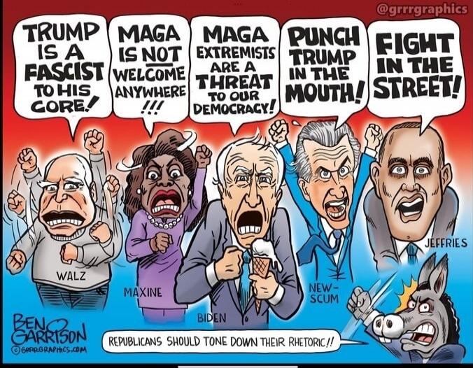 TRUMP IS A FASCIST TO HIS CORE!
MAG A IS NOT WELCOME ANYWHERE!!!
MAG A EXTREMISTS ARE A THREAT TO OUR DEMOCRACY!
PUNCH TRUMP IN THE MOUTH!
FIGHT IN THE STREET!
REPUBLICANS SHOULD TONE DOWN THEIR RHETORIC!!