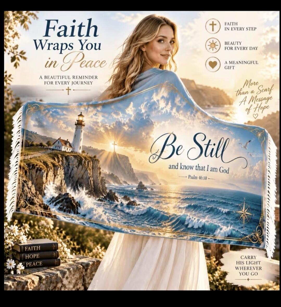 Faith Wraps You in Peace A Beautiful Reminder for Every Journey. Be Still and know that I am God - Psalm 46:10. Faith in Every Step. Beauty for Every Day. A Meaningful Gift. More than a Scarf A Message of Hope. Faith Hope Peace. Carry His Light Wherever You Go.