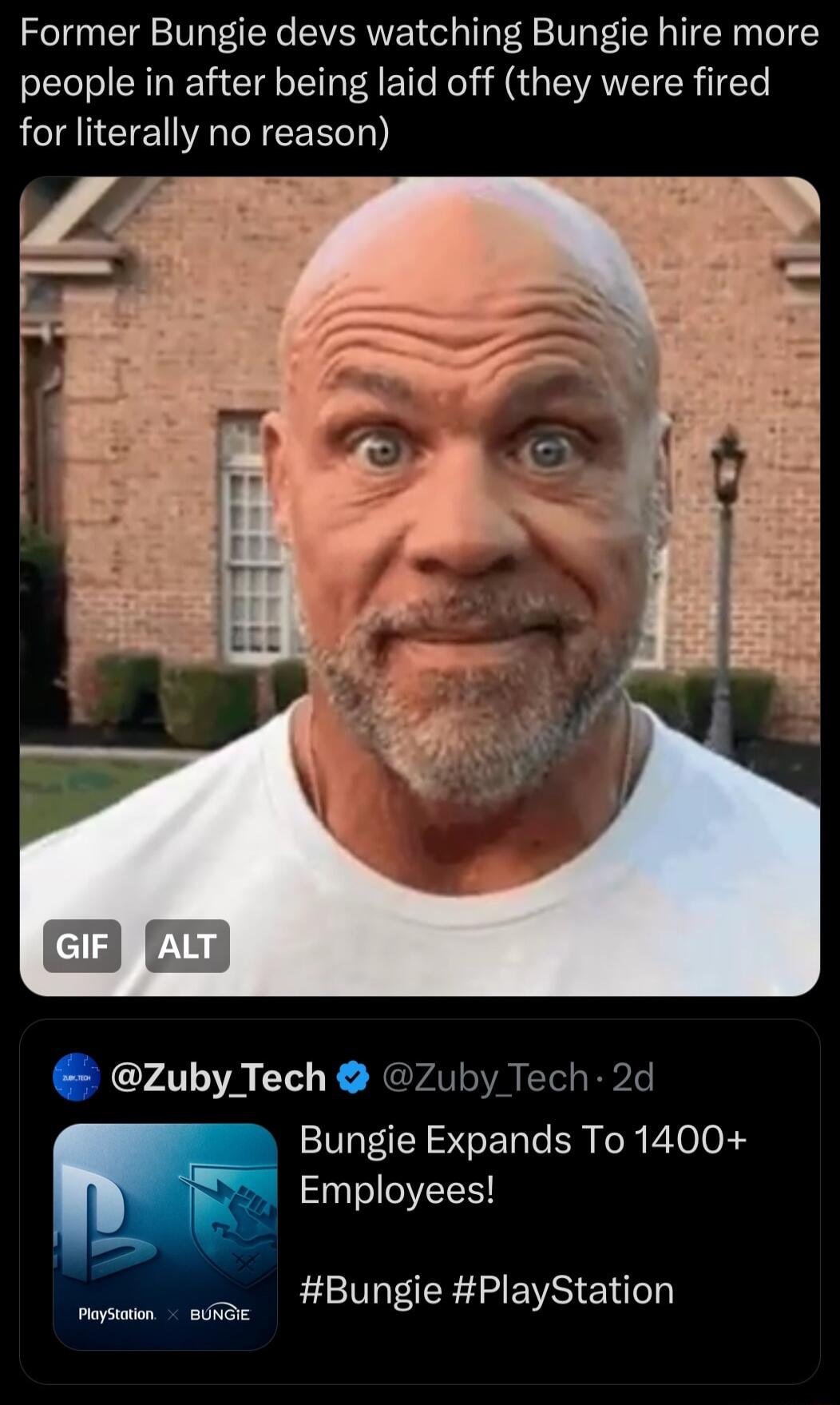 Former Bungie devs watching Bungie hire more people in after being laid off they were fired for literally no reason 2ZubyTech Zuby Tech 2d Bungie Expands To 1400 Employees Bungie PlayStation Paysoion U