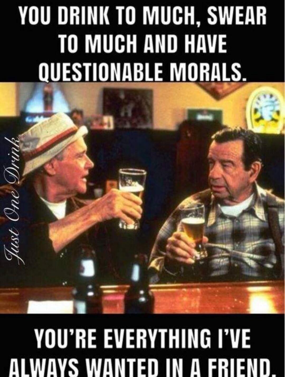 YOU DRINK TOO MUCH, SWEAR TOO MUCH AND HAVE QUESTIONABLE MORALS. Just One Drink YOU'RE EVERYTHING I'VE ALWAYS WANTED IN A FRIEND.