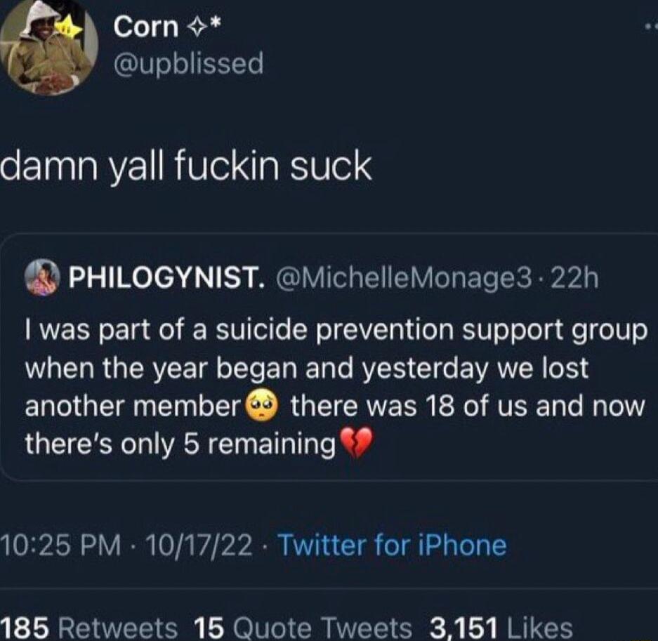 o1 R upblissed damn yall fuckin suck PHILOGYNIST MichelleMonage3 22h was part of a suicide prevention support group LR GEREETRTE E I 1o RS Clie EVAWCE S another member there was 18 of us and now theres only 5 remaining 1025 PM 101722 Twitter for iPhone 185 Retweets 15 Quote Tweets 3151 Likes